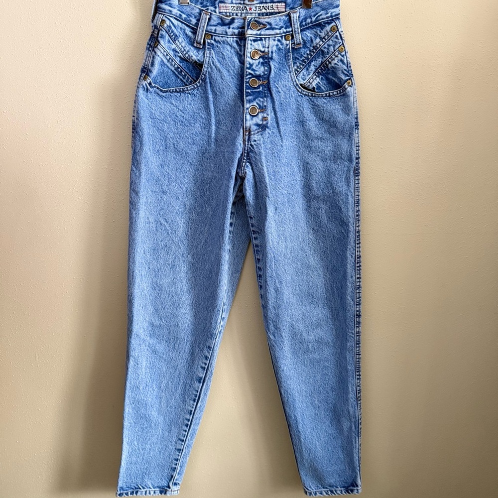 Vintage Zena High Rise Mom Jeans Button Fly Tapered Leg Light Wash Denim 7